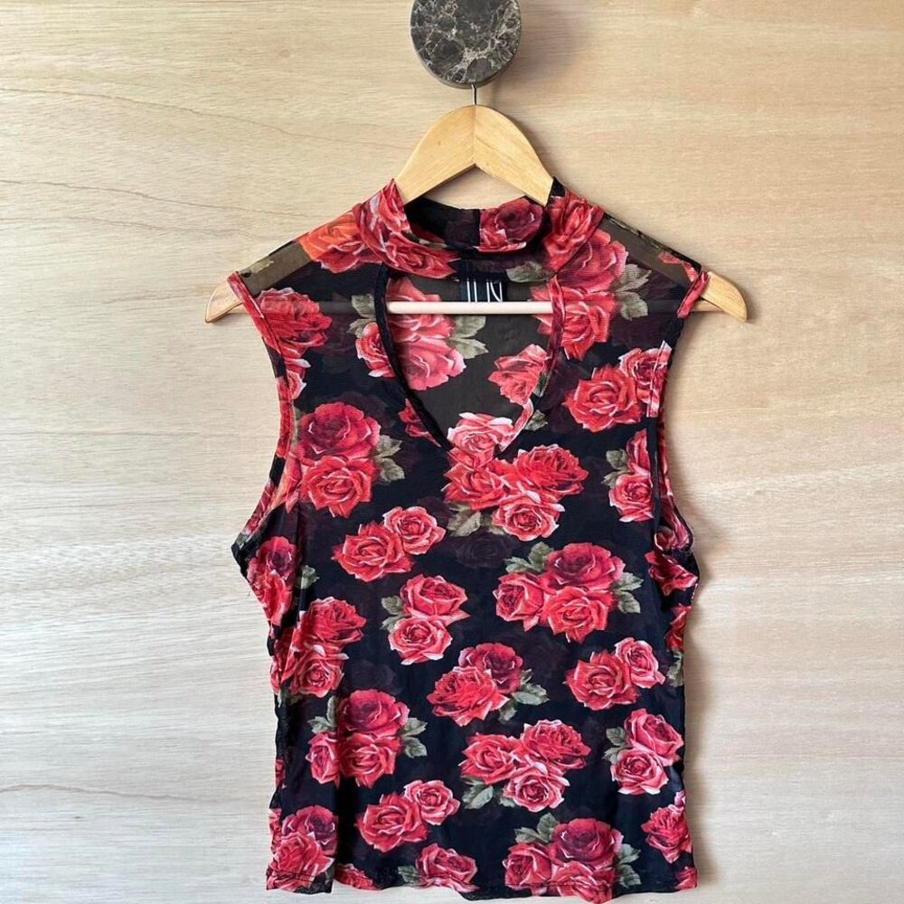 TMG‎ New York sheer black and red printed roses